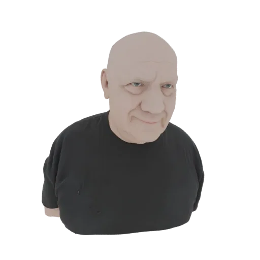 Рендер 3D модели бюста лысого мужчины в черной футболке, с реалистичной текстурой кожи и нейтральным выражением лица.