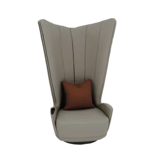 3D модель современного светло-серого кресла с ушками и коричневой подушкой на белом фоне.