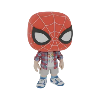 3D-модель Человека-паука в стиле Funko Pop в красной клетчатой рубашке, футболке с принтом и шортах, стоящего на белом фоне.