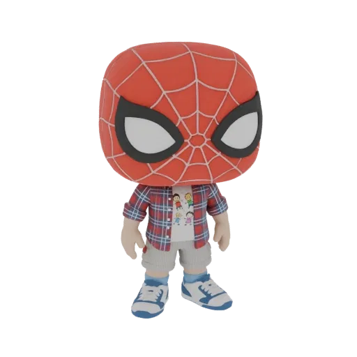 3D-модель Человека-паука в стиле Funko Pop в красной клетчатой рубашке, футболке с принтом и шортах, стоящего на белом фоне.