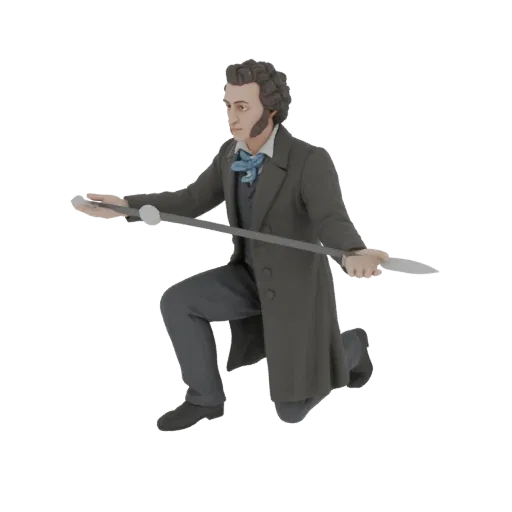 3D модель мужчины в темном пальто и брюках, стоящего на колене и держащего длинный посох горизонтально.