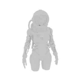 3D модель женщины-астронавта в детализированном белом Sci-Fi костюме, стоящей на белом фоне.