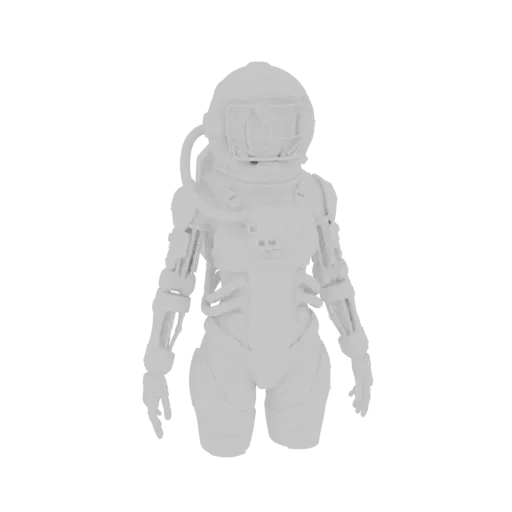 3D модель женщины-астронавта в детализированном белом Sci-Fi костюме, стоящей на белом фоне.