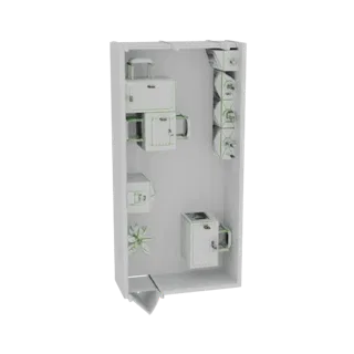 3D модель компактного шкафа с полками, ящиками и встроенной стиральной и сушильной машинами, на белом фоне.