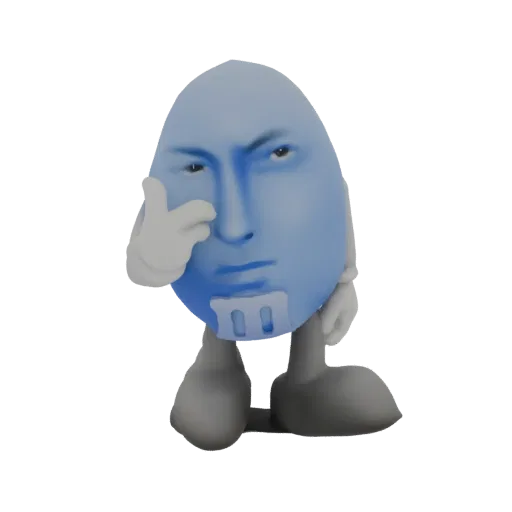 3D-модель синего M&M с реалистичным человеческим лицом, в белых перчатках, стоящая на коротких ножках.