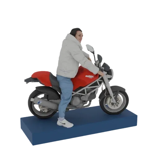 3D модель мужчины в сером пуховике едет на красном мотоцикле Ducati, на синей подставке.