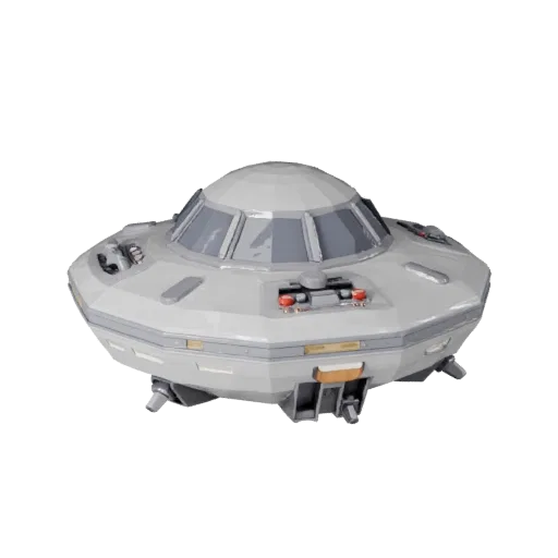Низкополигональная 3D-модель НЛО, вид в три четверти из игрового окна, с эмиссионными полосами, четким силуэтом объекта.
