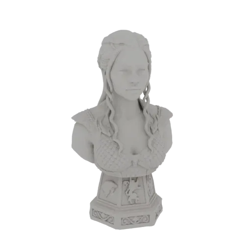 3D модель бюста Дейенерис Таргариен из Игры Престолов, с косой и чешуйчатой бронёй на декоративном основании.