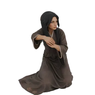 3D model of a woman kneeling in a dark grey kimono with white trim, her hands clasped in front of her.