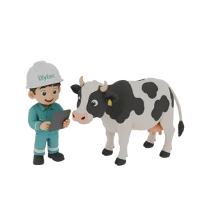 3D render of a cartoon farmer in a hard hat and teal uniform holding a tablet, standing next to a black and white Holstein co