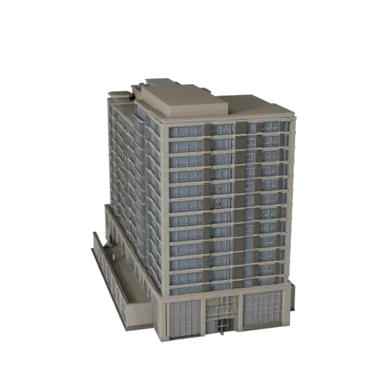 Реалистичная 3D модель офисного атриумного здания, вид с трех четвертей снаружи, показывающий материалы коммерческого офисног