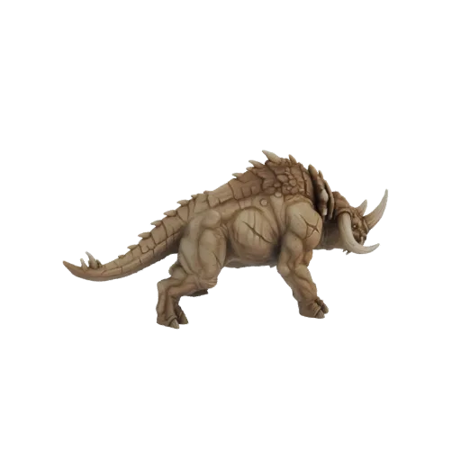 3D модель свирепого бронированного зверя бежевого цвета с большим рогом, текстурированными пластинами и мускулистыми конечнос