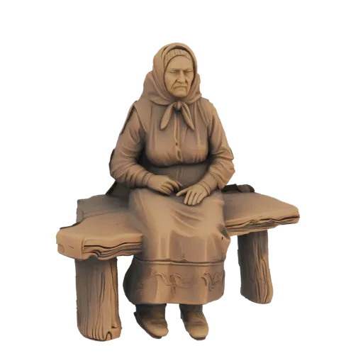 3D модель пожилой женщины в платке, сидящей на деревенской деревянной скамейке, в нейтральном, состаренном материале.
