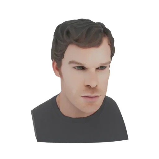 3D рендер бюста мужчины с интенсивным выражением лица, темными волосами и серой футболкой на белом фоне.