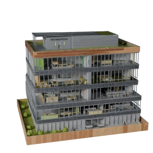 Стилизованная 3D модель Startup Hub Office, изометрический вид стилизованного игрового окружения, показывающий материалы комм