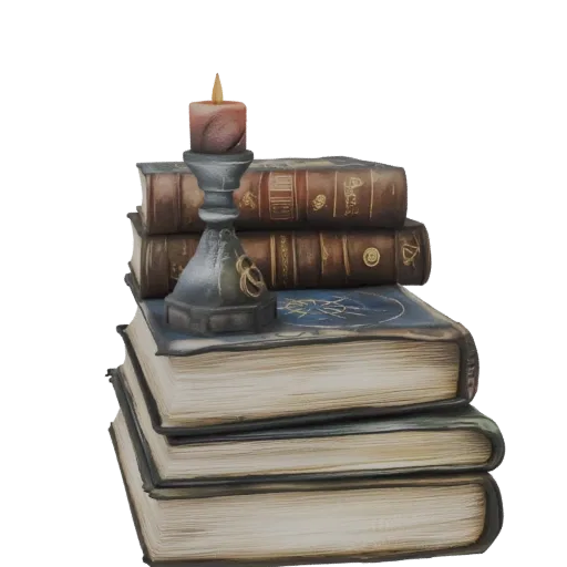3D модель стопки из пяти старых книг с готическим подсвечником и свечой сверху, рендер с реалистичными текстурами.
