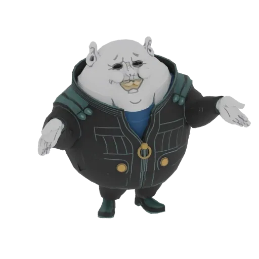 Рендер 3D модели пухлого, бледного инопланетного персонажа в темной куртке с бирюзовыми акцентами и дружелюбной улыбкой.