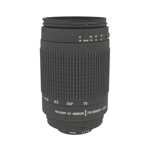 3D модель телеобъектива Nikon AF Nikkor 70-300mm f/4-5.6D ED, показана под углом на черном фоне.