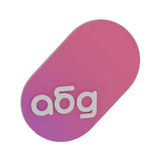 3D рендер розовой градиентной таблетки с белым логотипом 'aбg' на черном фоне.