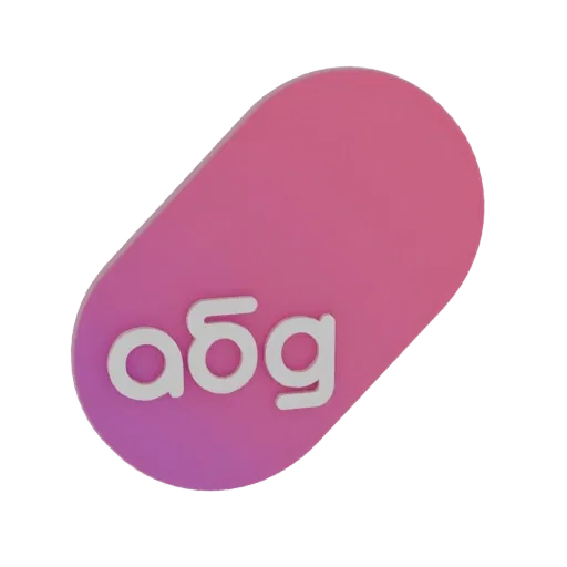 3D рендер розовой градиентной таблетки с белым логотипом 'aбg' на черном фоне.