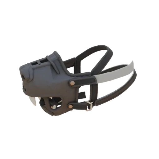 3D модель агрессивного намордника для собаки с белыми клыками и темными ремнями