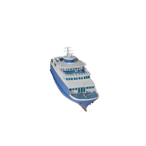 3D модель парома, вид из игрового окна в три четверти, готовый для Unity актив с формой корпуса, планировкой палубы и пропорц
