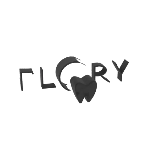 3D-модель логотипа 'Flory' с зубом, интегрированным в шрифт, представленная на белом фоне.