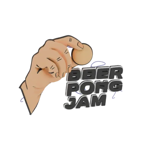 3D модель руки, держащей шарик для пинг-понга над текстом 'Beer Pong Jam' жирным, стилизованным шрифтом.