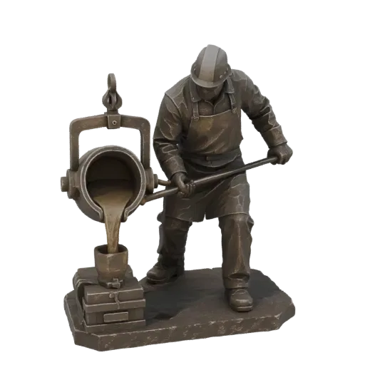 3D модель рабочего литейного цеха в шлеме и фартуке, разливающего расплавленный металл из тигля в форму, с бронзовой отделкой