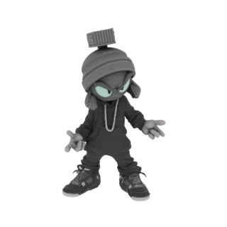 3D model of Marvin the Martian in a hip-hop style, wearing a hoodie, chain, and sneakers, with a defiant expression.