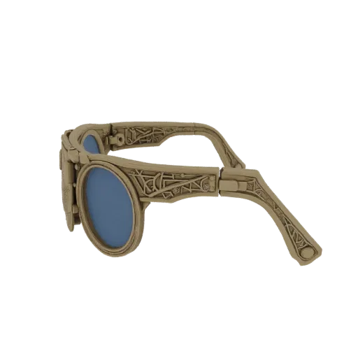 3D-рендер оправы для очков в винтажном готическом стиле стимпанк с замысловатыми узорами и синими линзами.