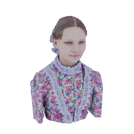 3D модель юной викторианской девушки с косами и цветочным платьем с голубым кружевом, смотрящая в сторону.
