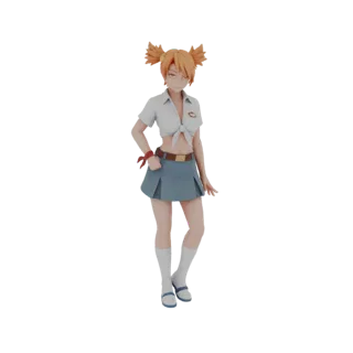 3D модель аниме школьницы с оранжевыми двумя хвостиками, белой завязанной рубашкой и синей плиссированной юбкой, стоящей в ув
