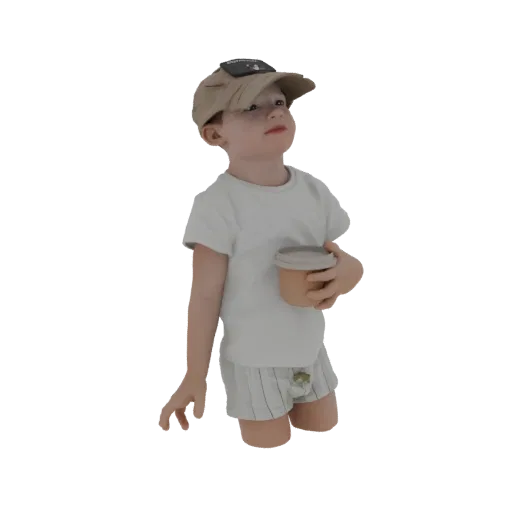 3D модель мальчика в бежевой кепке, держащего светло-коричневую чашку, смотрящего вверх.