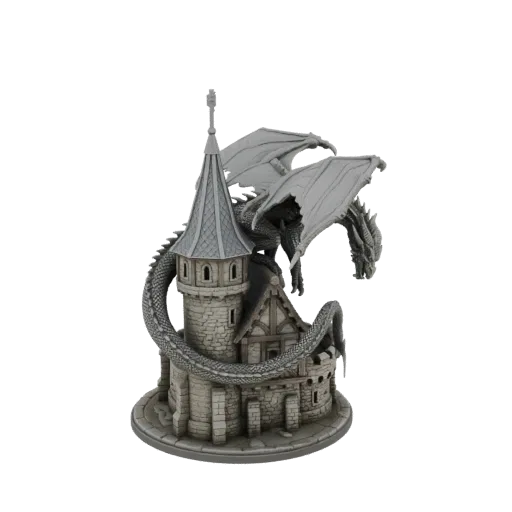 3D модель серого дракона, обвившего каменную башню замка с остроконечной крышей, на черном фоне.