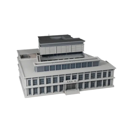 Низкополигональная 3D модель общественного павильона, готовая для игры, внешний вид, показывающий материалы общественного зда