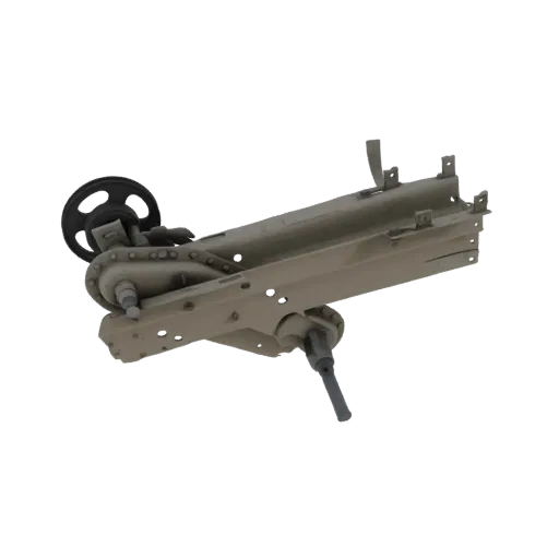 3D модель детализированного механизма лафета артиллерийского орудия с намоточным колесом и точками поворота, в нейтральном то
