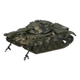 3D модель военного танка в зеленом камуфляже с двумя роботизированными ногами, выдвинутыми под корпусом, вид сбоку.