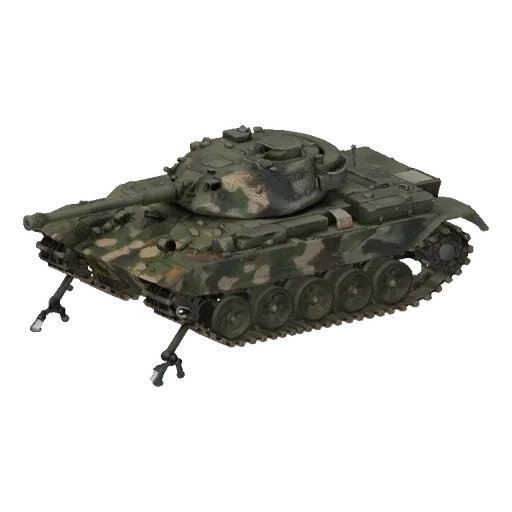 3D модель военного танка в зеленом камуфляже с двумя роботизированными ногами, выдвинутыми под корпусом, вид сбоку.