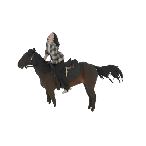3D модель женщины в клетчатой рубашке верхом на коричневой лошади с развевающейся гривой.