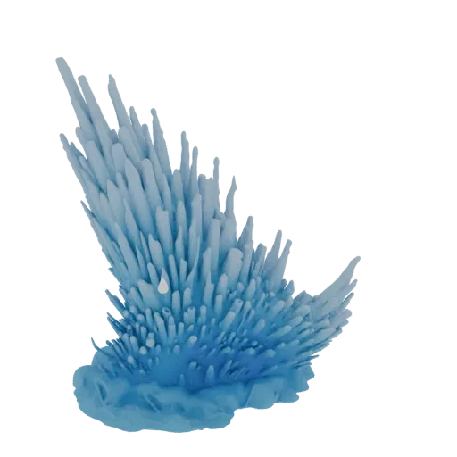 3D модель яркого синего кристалла с острыми шипами, исходящими из плавной основы, на белом фоне.