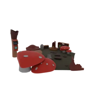 3D модель сказочной деревни грибов диорамы с большими красными грибами, небольшим зданием и разбросанным мусором на зеленой о