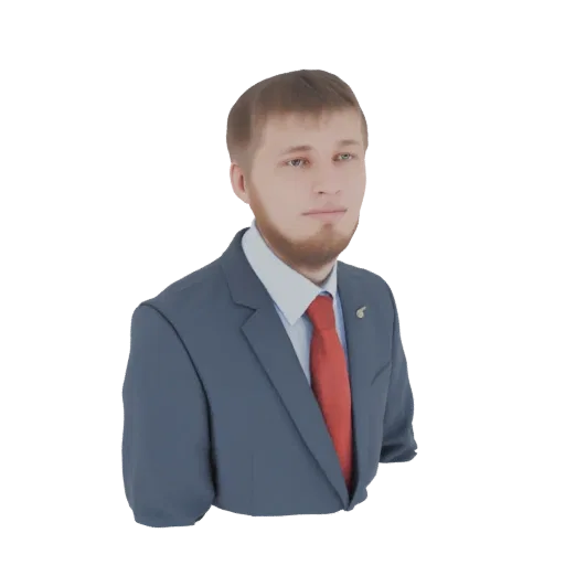 Рендер 3D модели мужчины в темном костюме, белой рубашке и красном галстуке с нейтральным выражением лица.