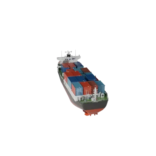 3D-модель контейнеровоза, вид в три четверти в студии, готовый для Blender актив с формой корпуса, планировкой палубы и пропо