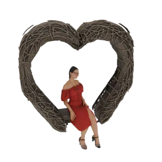 3D модель женщины в красном платье, сидящей на качелях в форме сердца, на белом фоне.