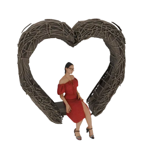 3D модель женщины в красном платье, сидящей на качелях в форме сердца, на белом фоне.
