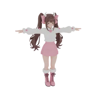 3D model of an anime devil girl with brown pigtails, white horns, and a pink skirt, standing in a T-pose.