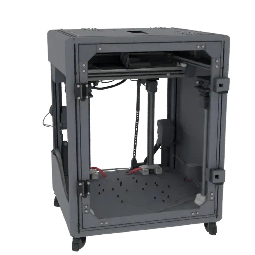 Серая промышленная модель каркаса 3D-принтера, вид спереди слева, показывающая внутреннюю структуру и металлическую раму.