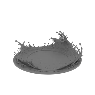 A 3D model of a dynamic liquid splash, frozen in mid-air with droplets and a crown-like formation, rendered in a matte gray m
