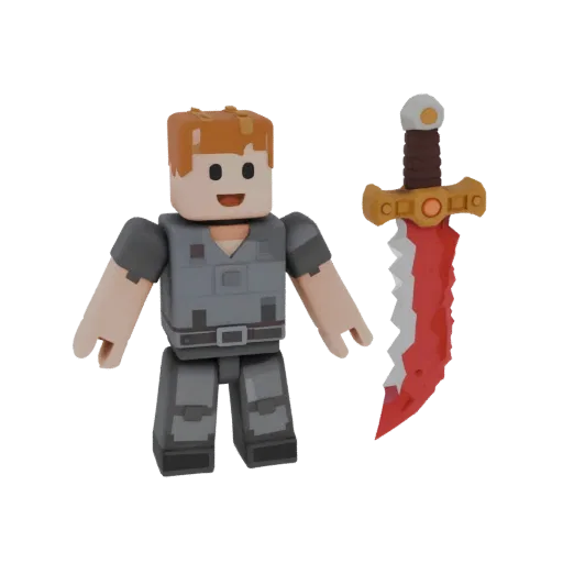 3D модель персонажа "Нуб" из Roblox в серой одежде с кровавым мечом рядом